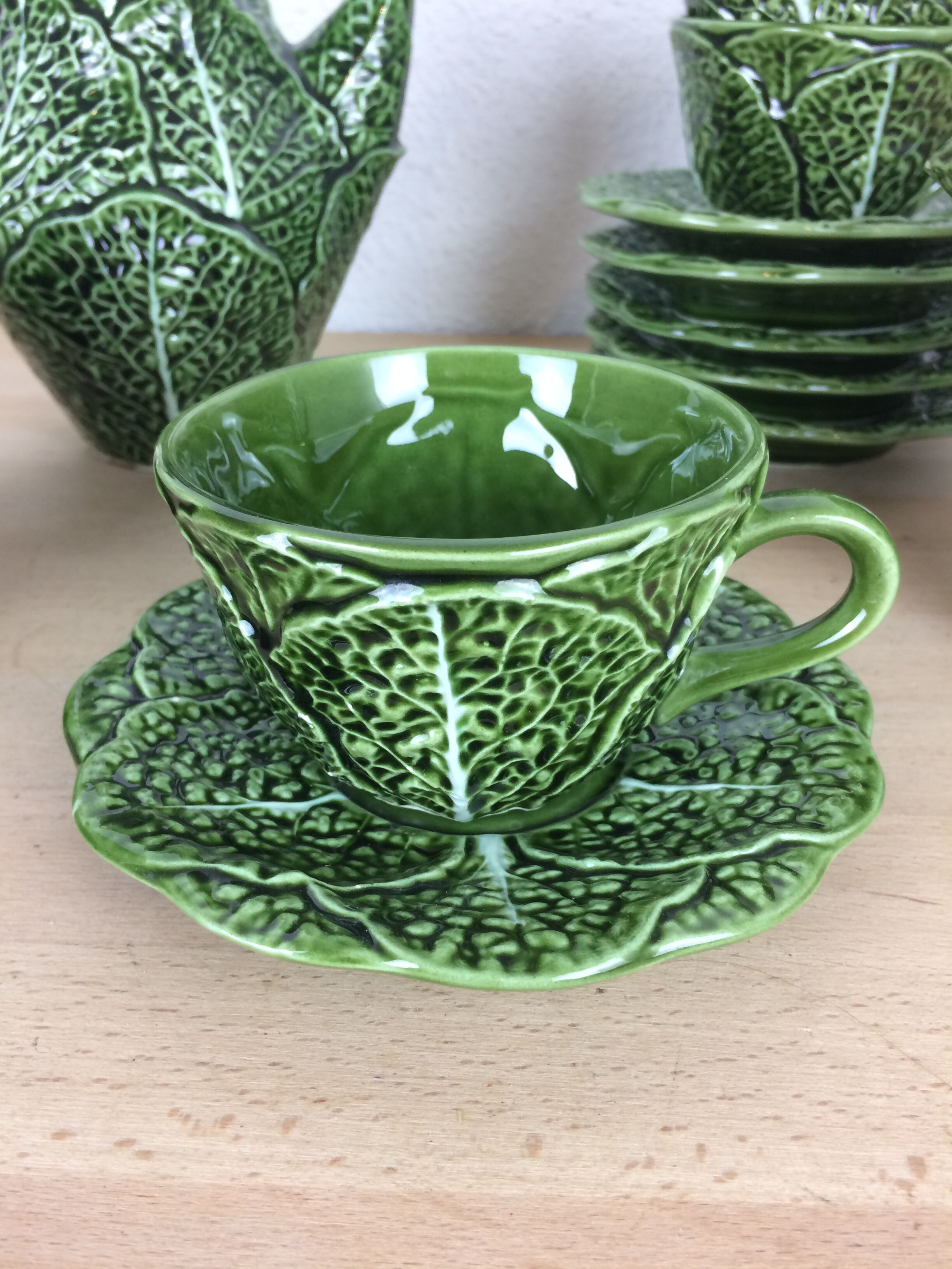 Ceramic cabbage tea set, 6 cups, teapot