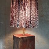 Brutalist lamp Art-populaire in solid wood, wool lampshade