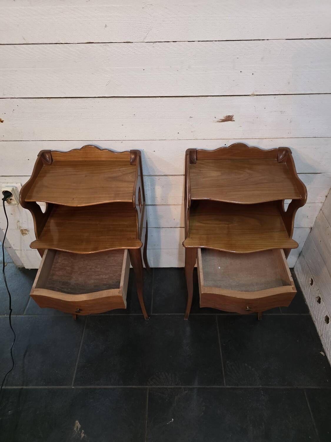 Pair of Louis XV style curved bedside tables in cherry wood