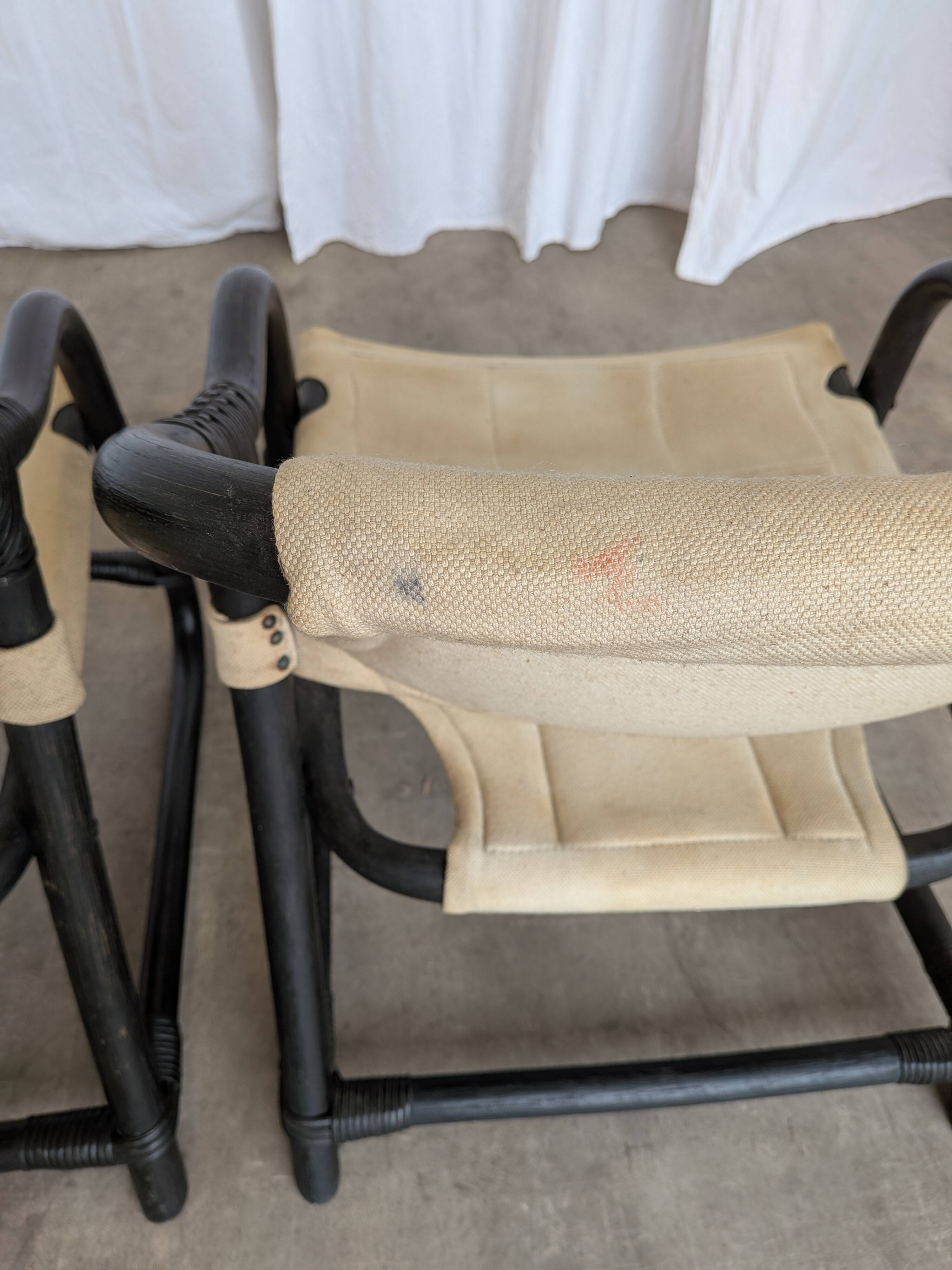 2 Vintage Espri Safari Lounge Armchairs / Rare Mid-century Black Bamboo and Beige Fabric Easy C