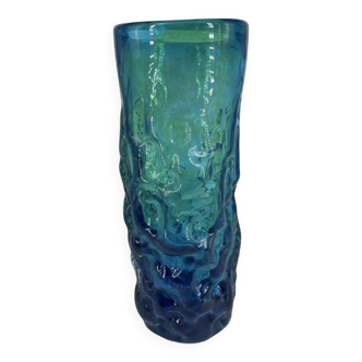 Vase design signé Molina Murano bleu vert avec effet jaune