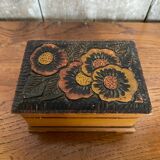 Ancienne Boite À Bijoux En Bois Sculpté Décor Fleurs Vintage