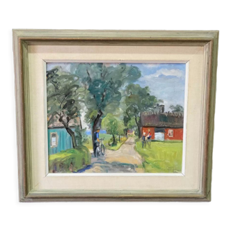 Carin Tham (1888-1967), Scandinavian Modern Landscape, 1942, Oil on Panel, Framed