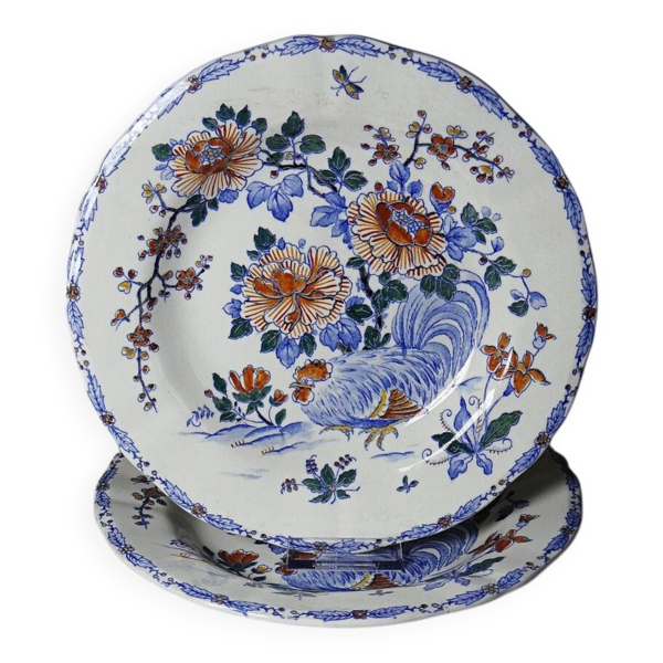 Paire d’assiettes anciennes Gien modèle ''Coq & Pivoines'' faïence vers 1900