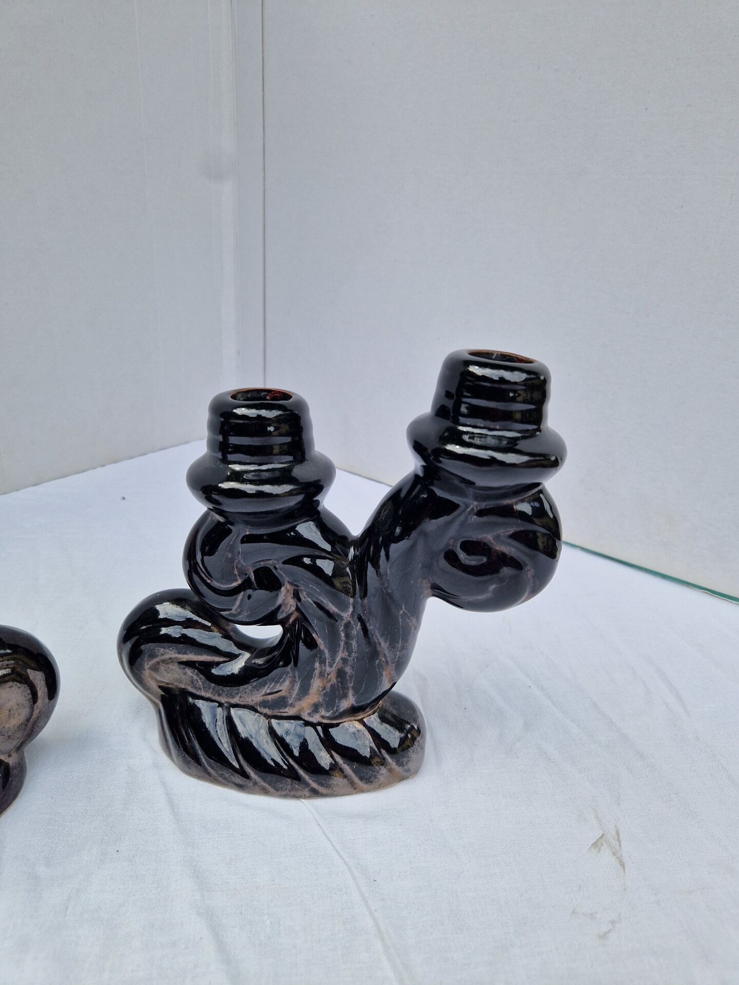 Set of 2 vintage two-light candle holders in Vallauris ceramic design.
