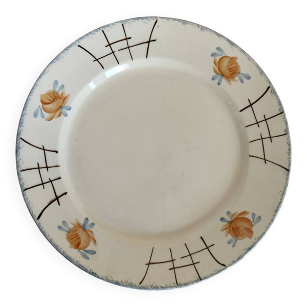 Plat de service rond vintage en faïence - Délicat décor floral