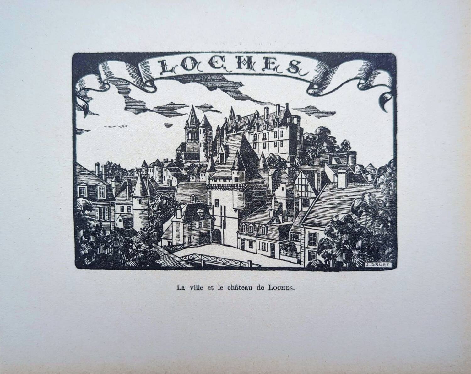 Loches, Indre-et-Loire, printed in 1933, vintage engraving.
