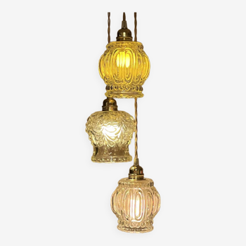 Suspension 3 vintage waterfall globes opaline ball amber glass arabesque bubble chandelier 1970