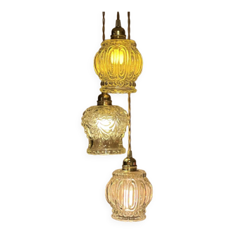 Suspension 3 vintage waterfall globes opaline ball amber glass arabesque bubble chandelier 1970