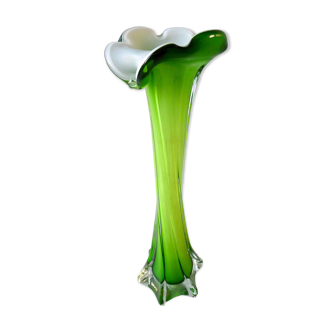 Corolla vase in blown glass, double layer green and white