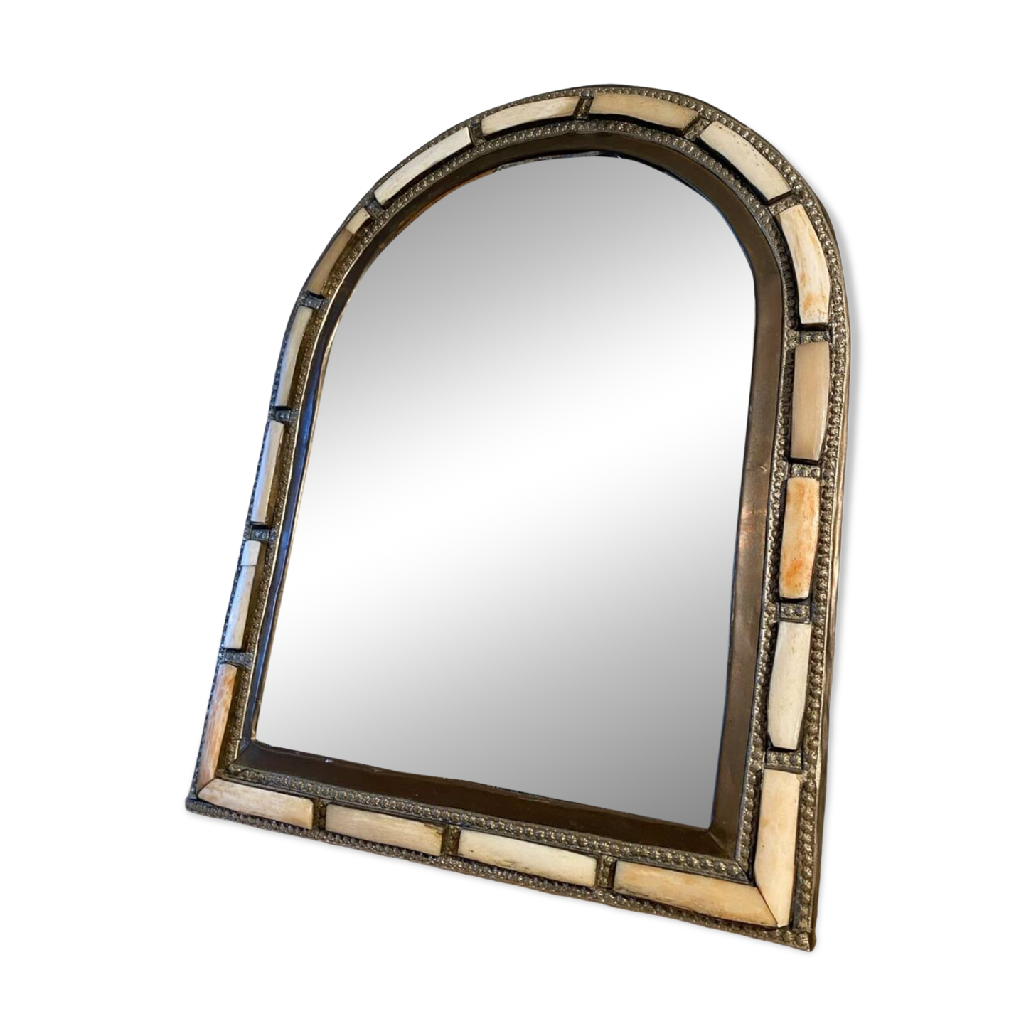 Oriental brass and bone mirror