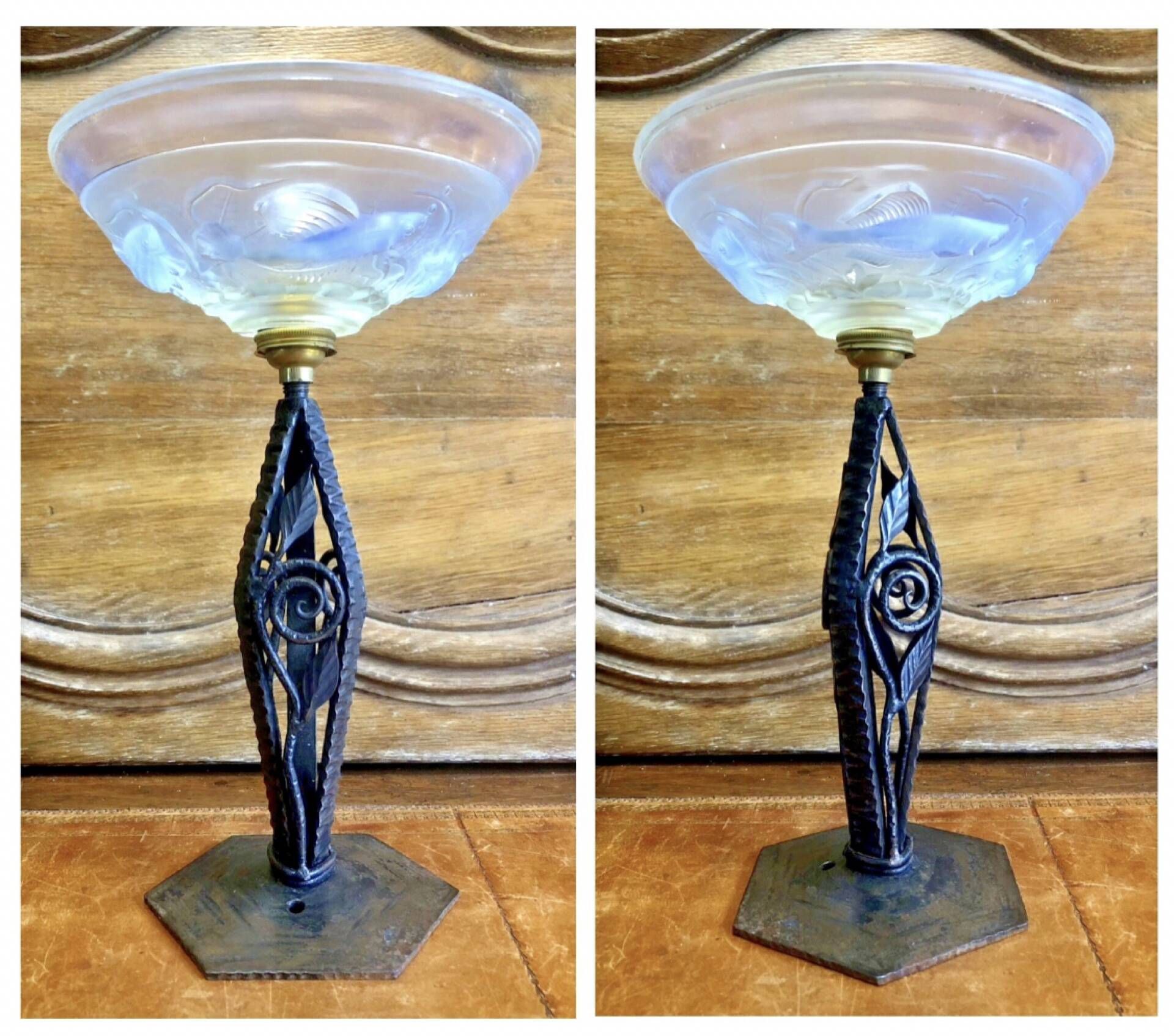 Art Deco lamp 1930 wrought iron opalescent glass fish Ezan