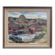 Peinture à l’huile de paysage vintage suédoise « maisons de lac » moderne du milieu du siècle, encadrée