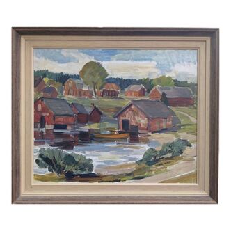 Mid-Century Modern "Lake Houses" Swedish Vintage Landscape Oil Painting, Framed