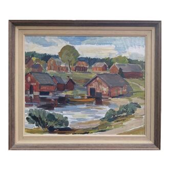 Peinture à l’huile de paysage vintage suédoise « maisons de lac » moderne du milieu du siècle, encadrée