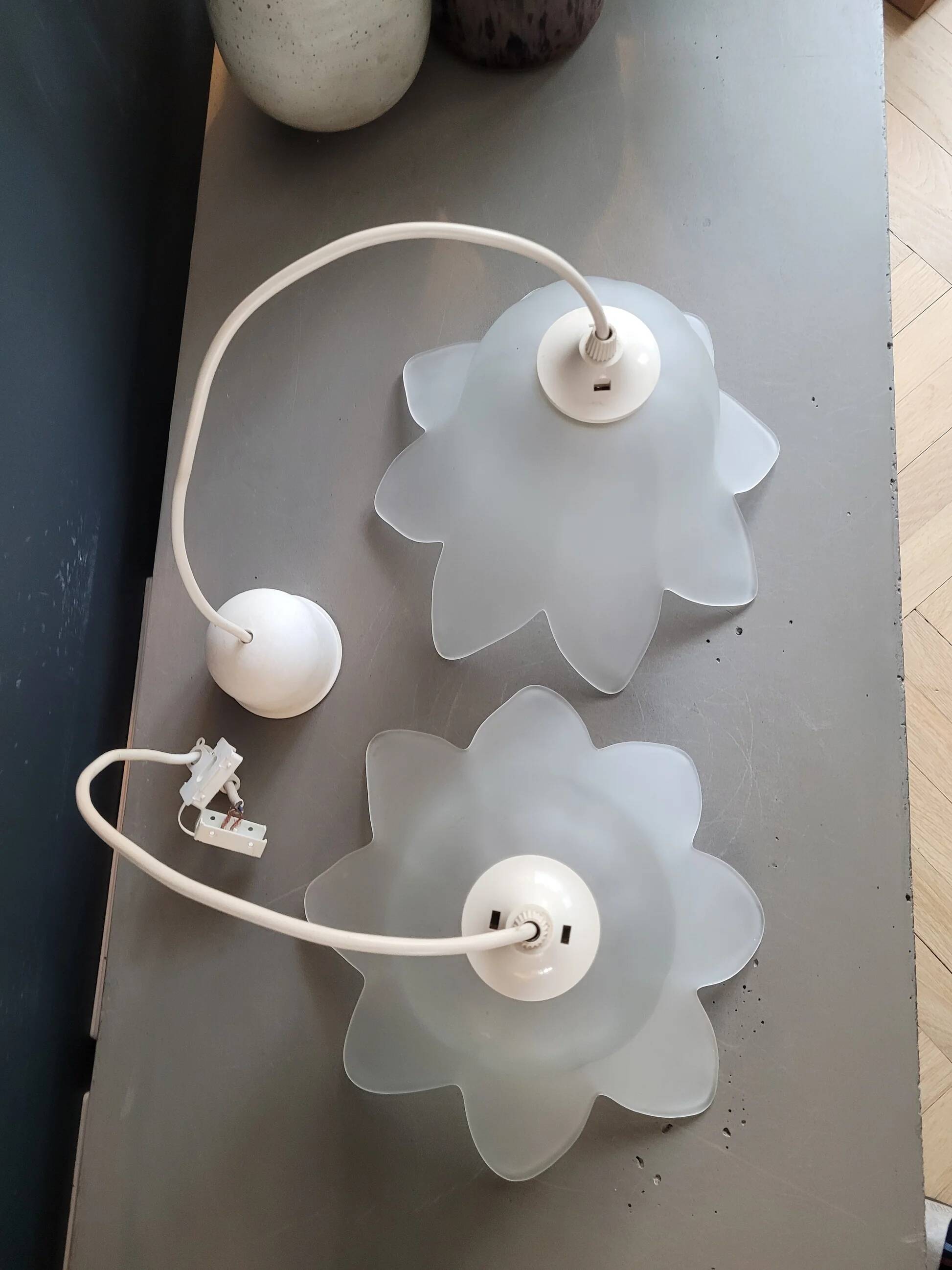 Pair of frosted glass flower pendant lights