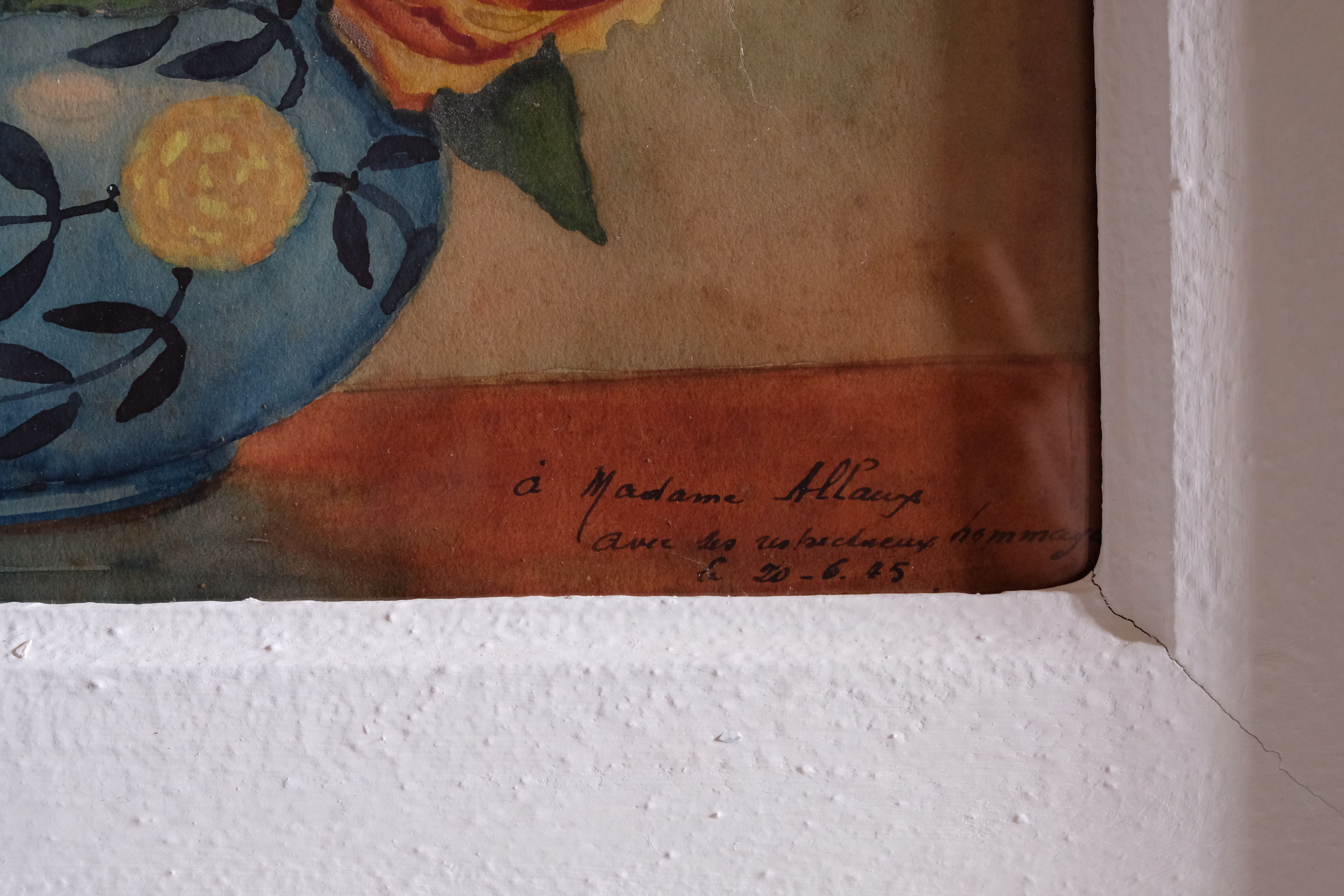 Painting bouquet of flowers, watercolor 1945, dated, signed and autographed