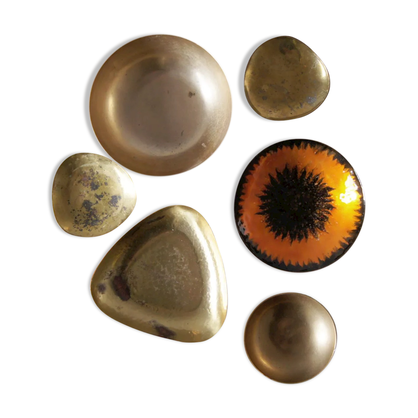 Vintage brass & enameled plates, set of 6