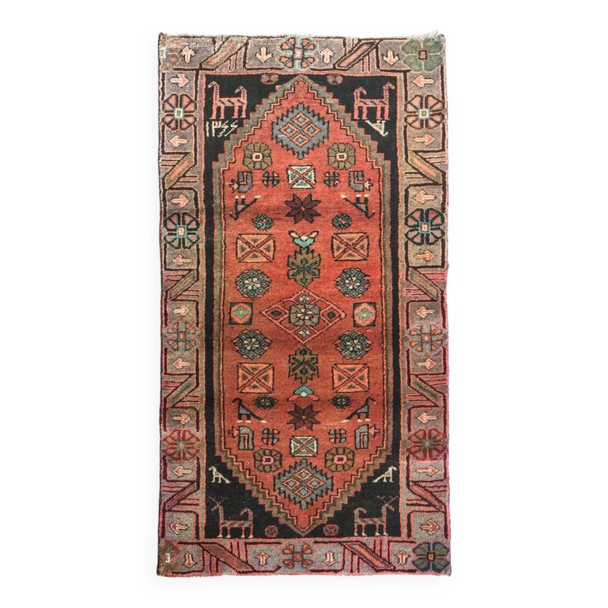 Unusual Signed Hand woven vintage rug - Tribal with animal motifs