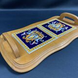 Plateau de service en hêtre et carreaux faïence de Gien décor Renaissance