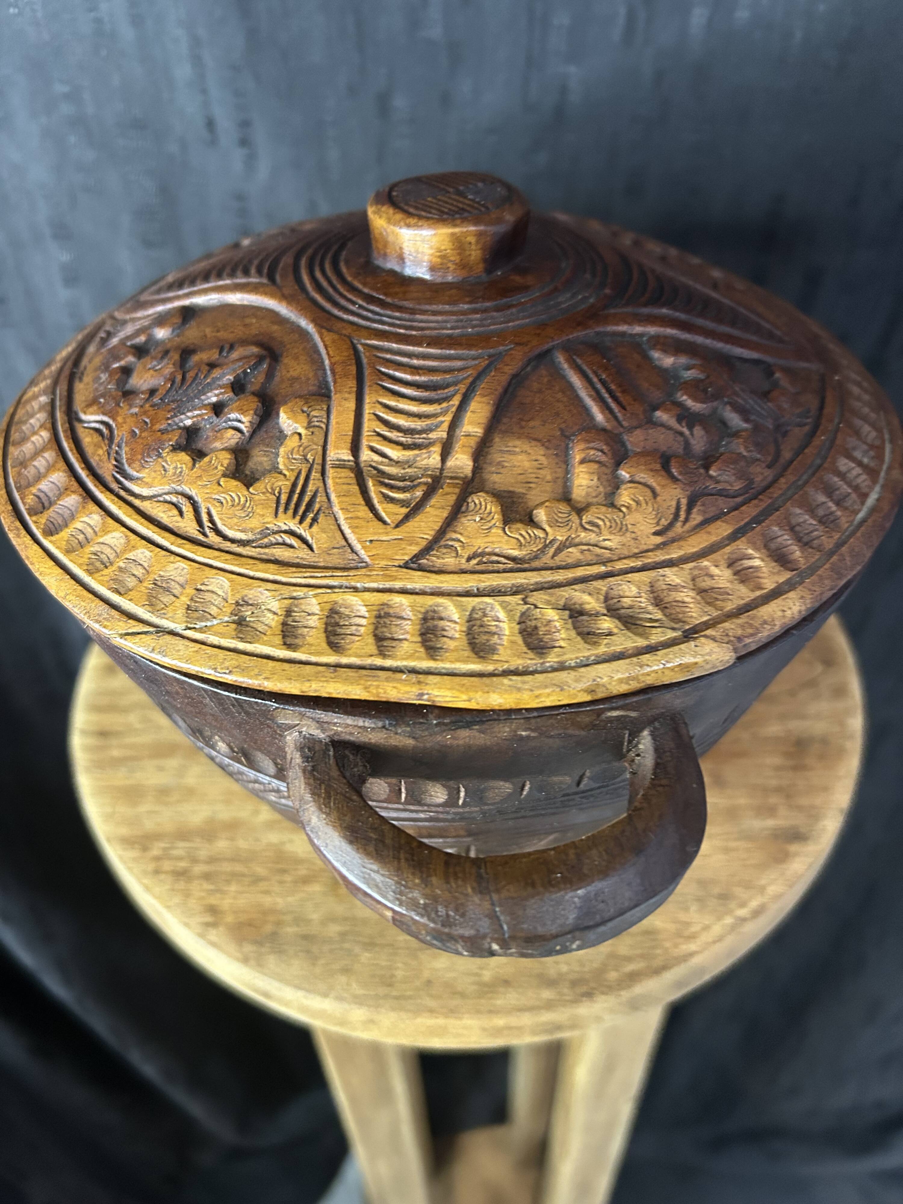 African Art - Madagascar - Vintage - Covered Pot - Carved Rosewood - 1950