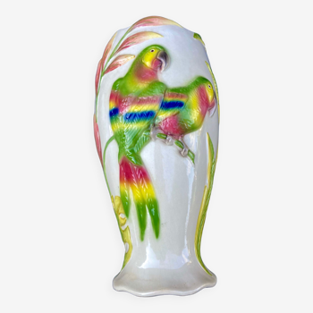 Enamelled ceramic vase parrot decoration to identify - size xxxl