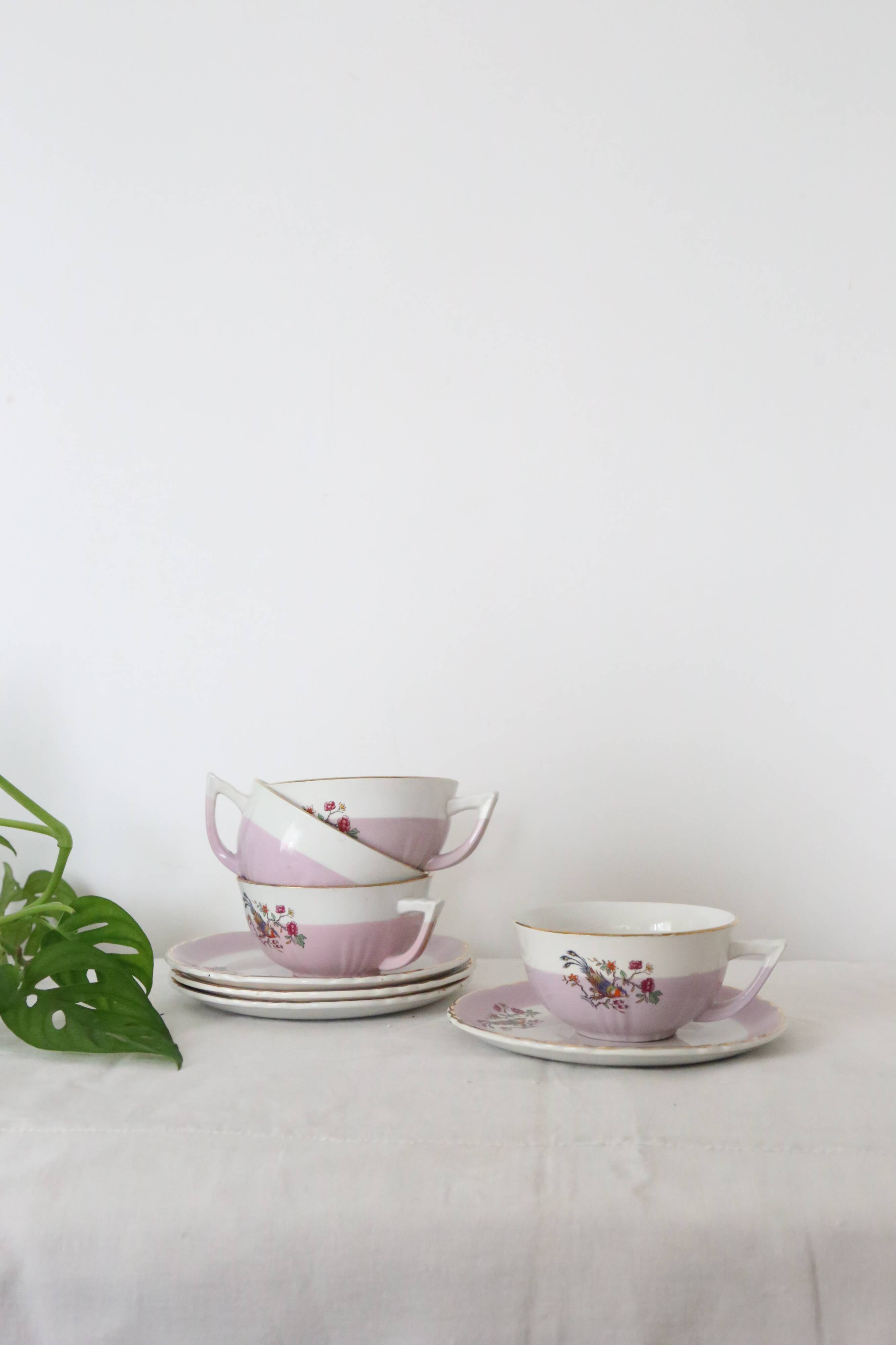 Set of 4 cups and sub-cups Moulin des Loups, vintage