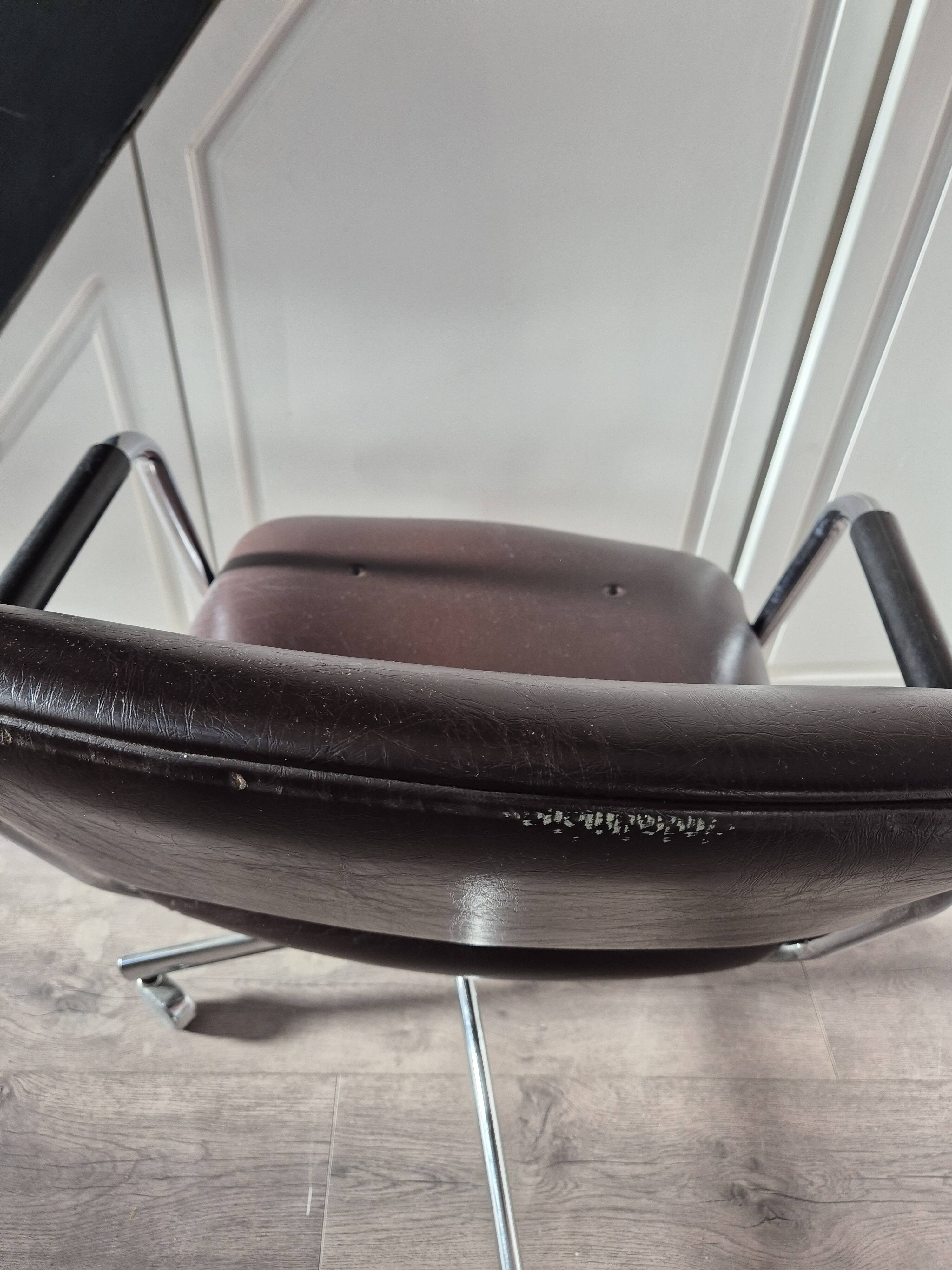 Vintage strafor brown leather armchair with casters