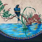 Round polychrome enamel dish with bird decoration circa 1900