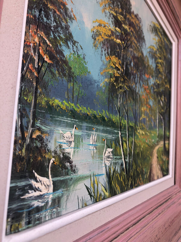Tableau huile sur toile mau louis bord de rivière + cadre bois #a217