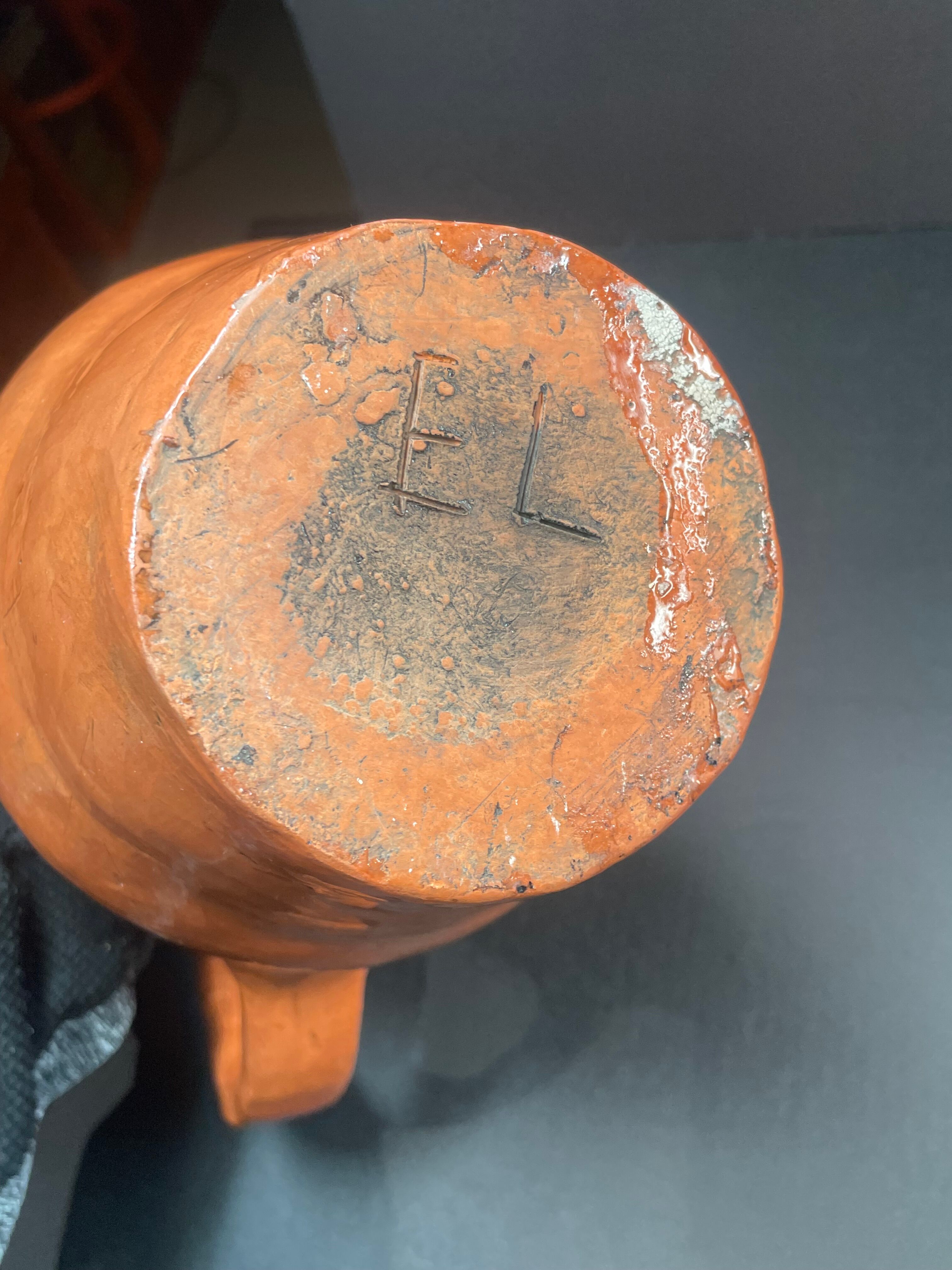 Unusual Pitcher Ceramic in stoneware or glazed earth Signed EL