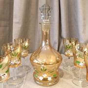 Service of 6 glasses and 1 carafe painted glass and enamel decorated with small flowers
