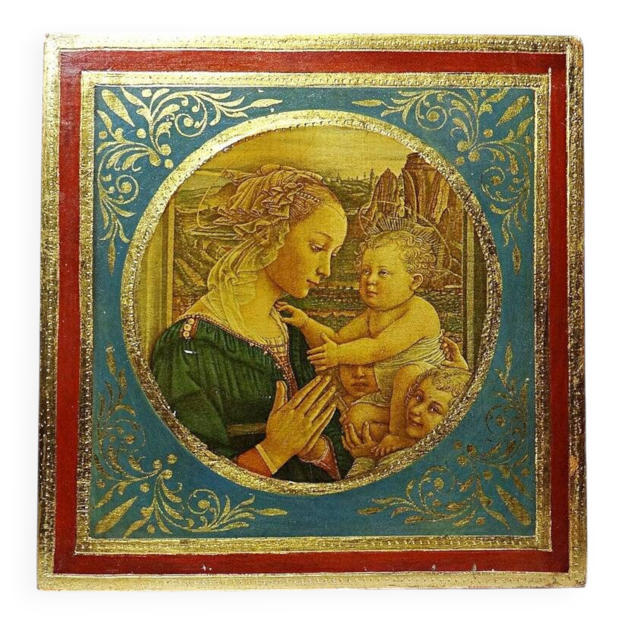 Small Florentine miniature painted wooden plaque "The Adoration" Virgin and Child