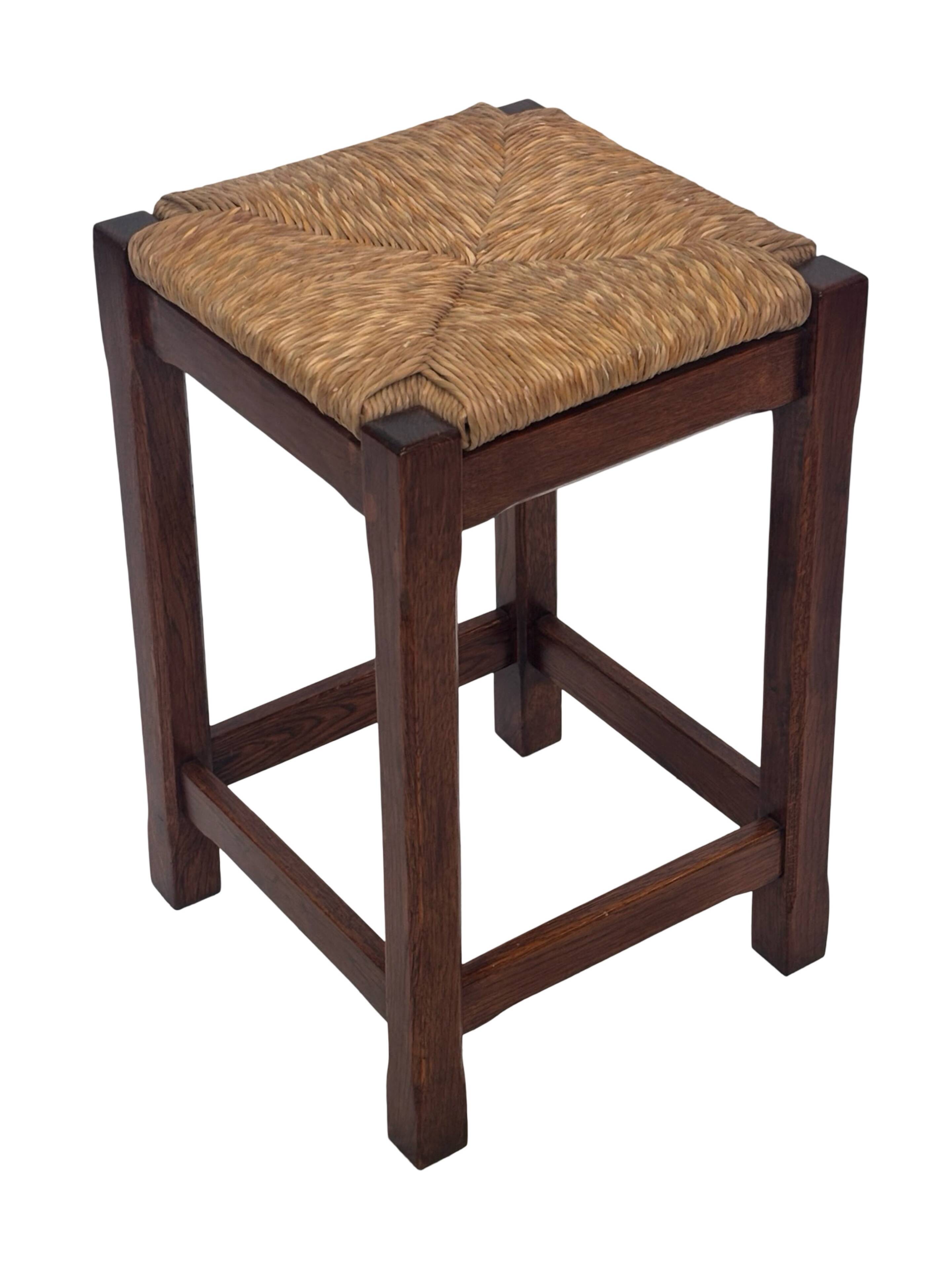 Vintage rattan stool with oak, 60s wabi sabi design, minimalist
