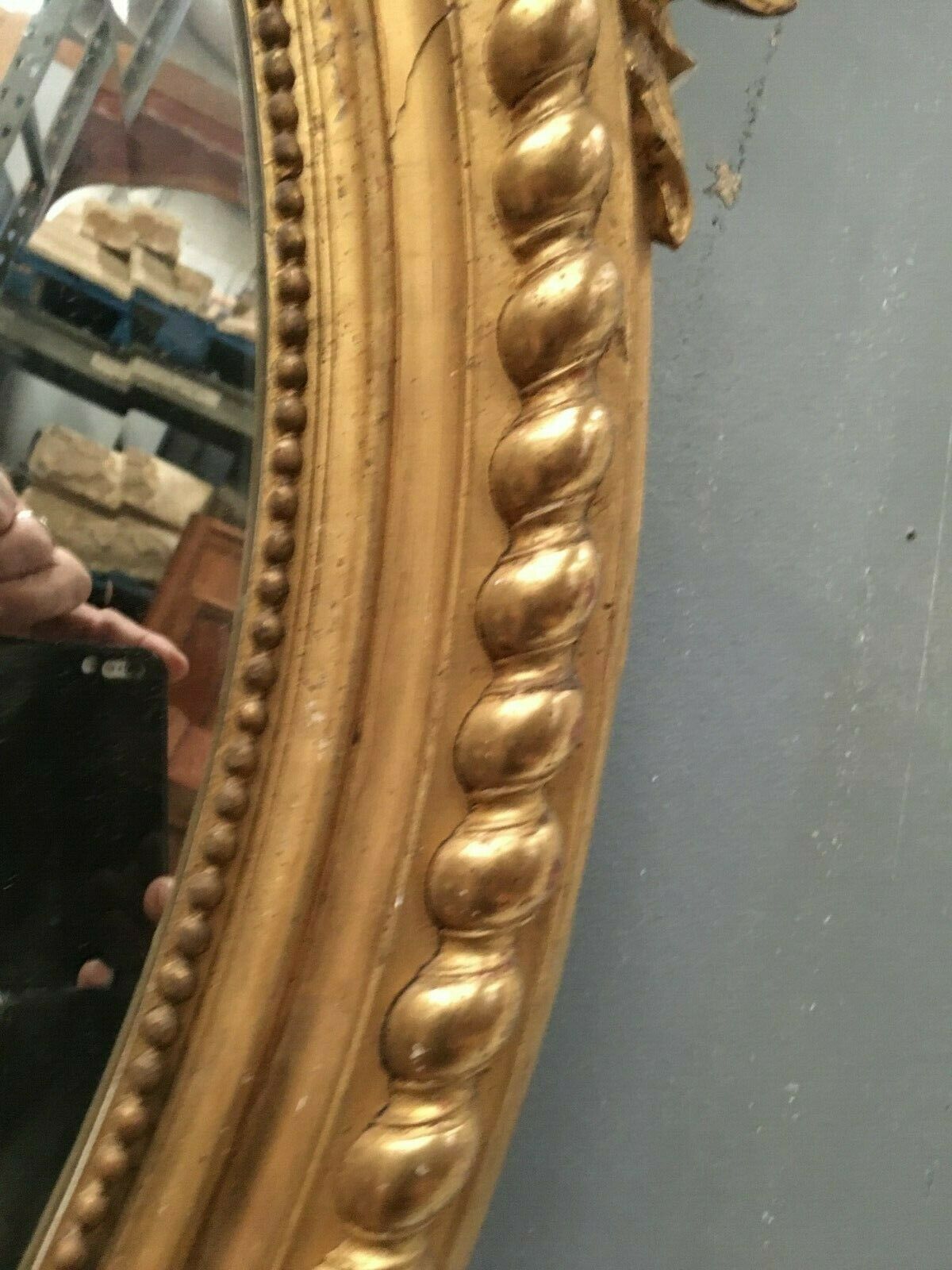 Oval mirror with wooden pediment and gilded stucco oval ice beveled Napoleon III - 80x120cm