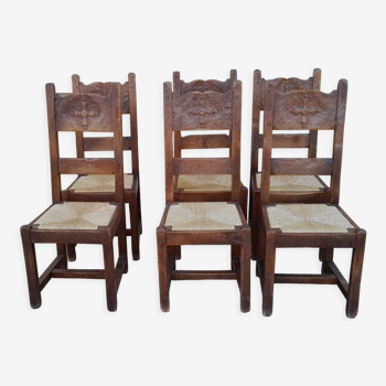 6 ancienne chaises chêne bois brutaliste paille