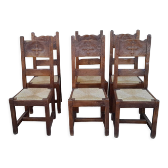 6 old chairs oak wood brutalist straw