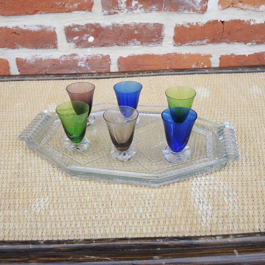 6 old coloured glass liqueur glasses