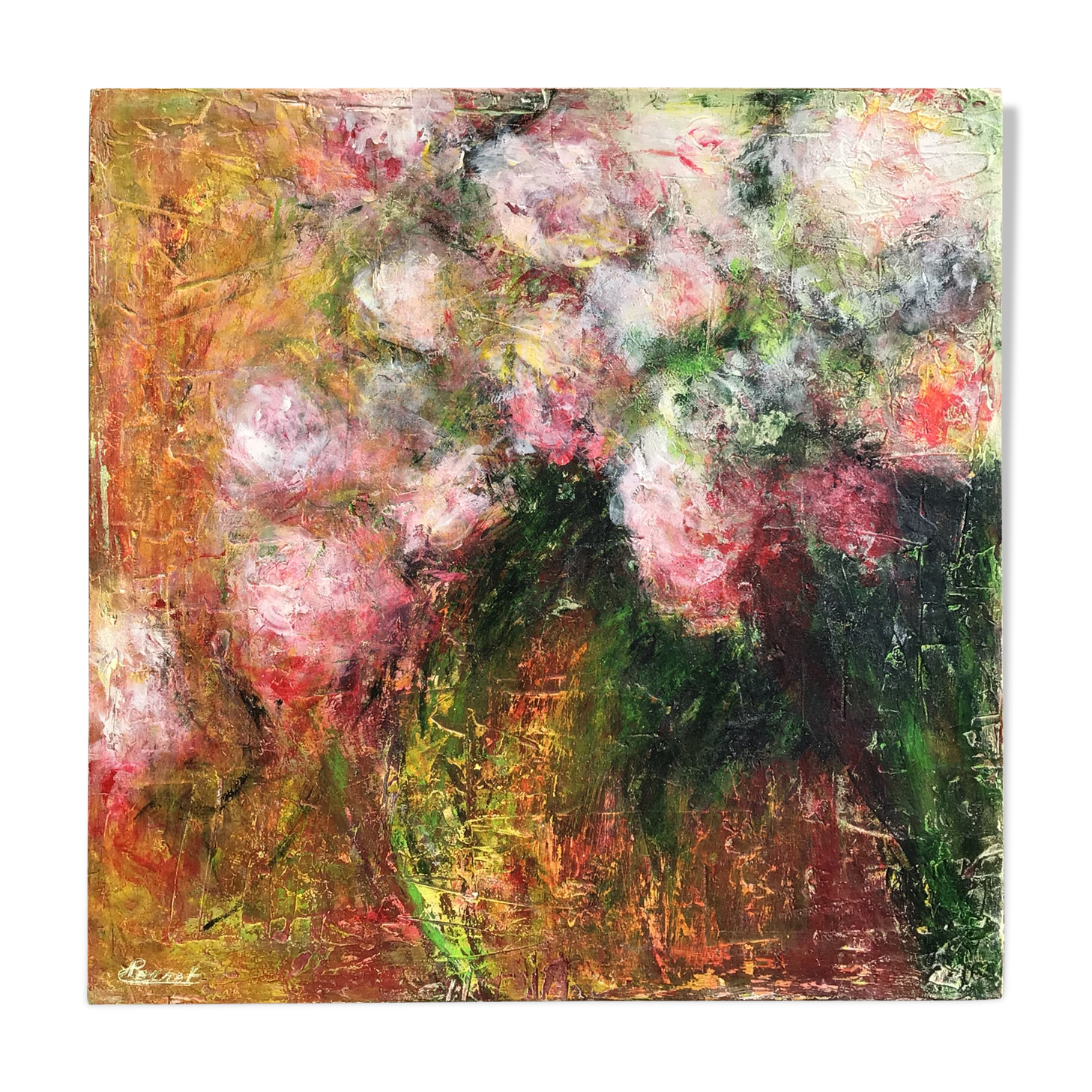 Table oil on wood roses signed Perret