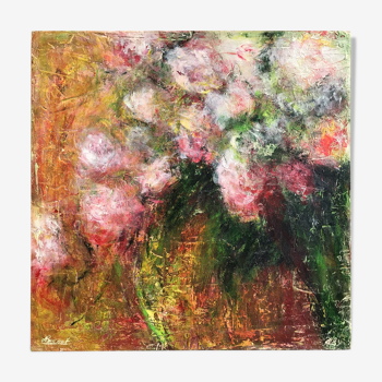 Tableau huile sur bois les roses signé Perret