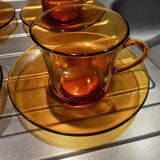 Set of 4 large amber glass cups and saucers