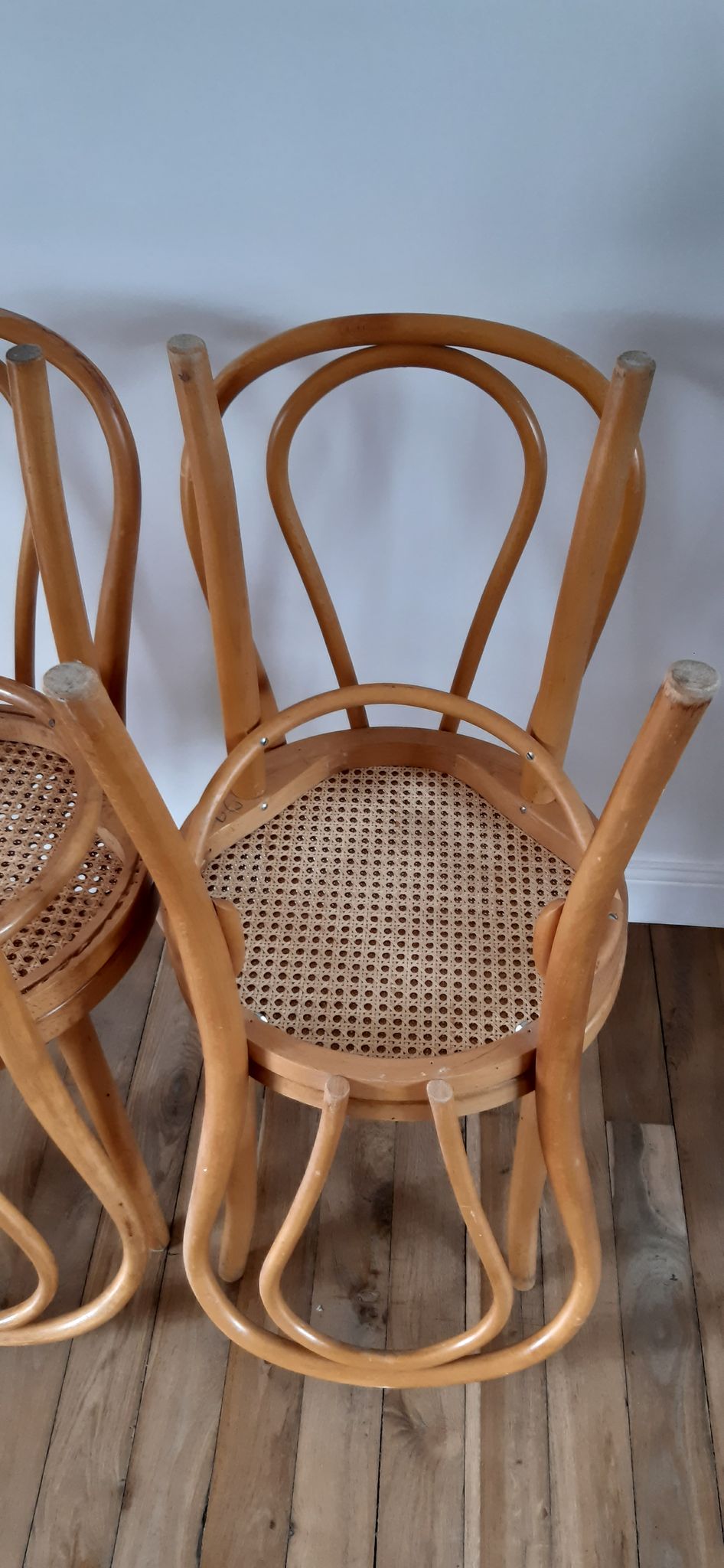 Set of 4 bistro chairs in turned wood and cannage rattan 50s