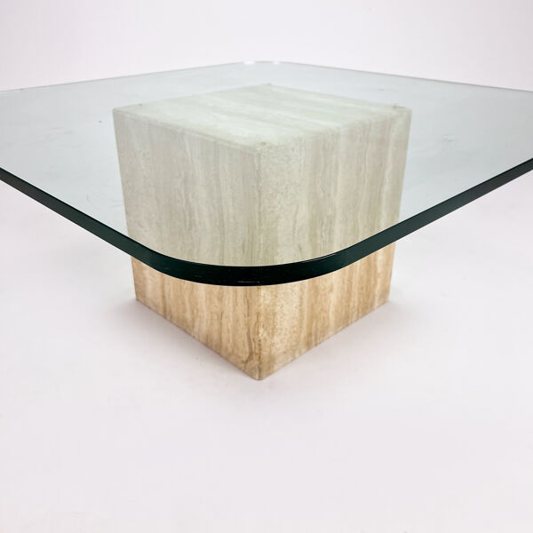 Table basse en verre faite à la main du milieu du siècle avec base en travertin, années 1960