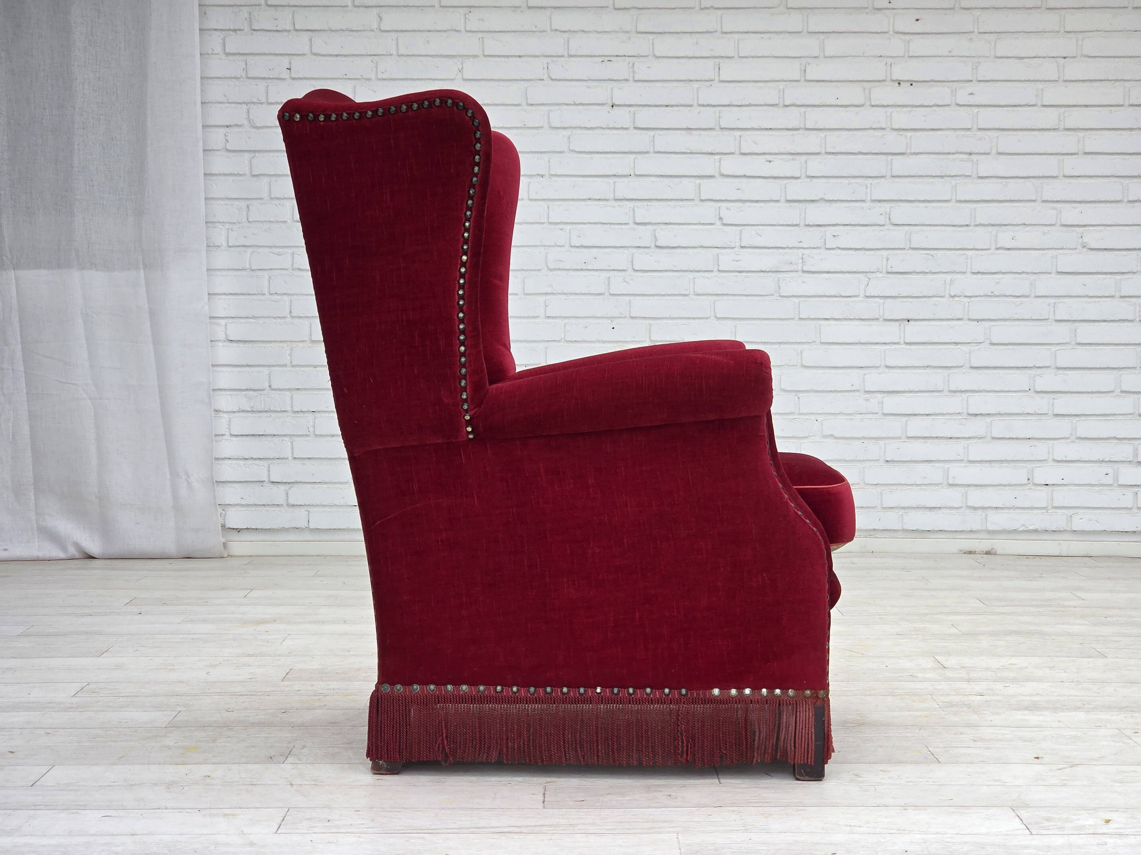 1970s, Danish highback armchair, red furniture velour, ash wood.