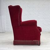 1970s, Danish highback armchair, red furniture velour, ash wood.