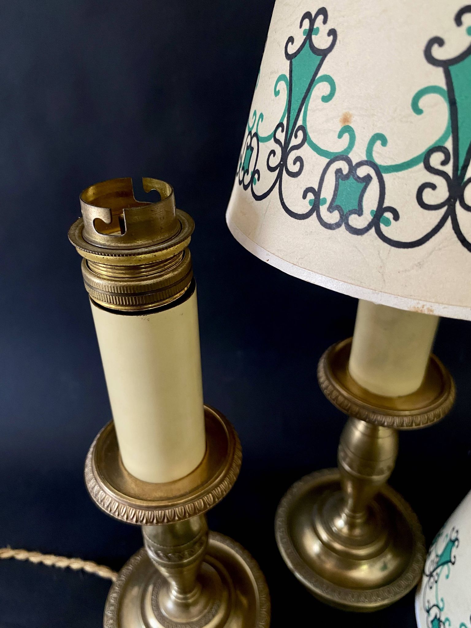 Pair of brass lamps, new 2M fabric cables, paper lampshades