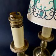 Pair of brass lamps, new 2M fabric cables, paper lampshades