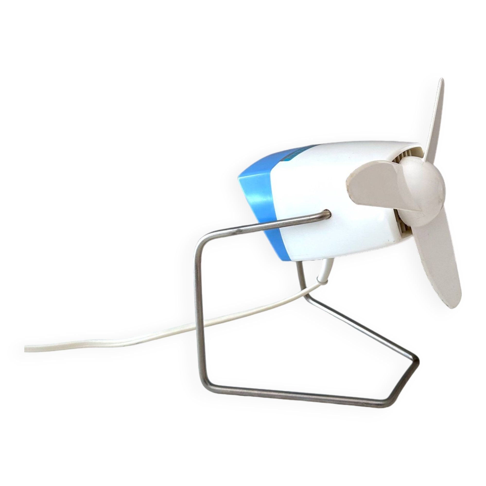 Blue Severin electric fan, mid-century office