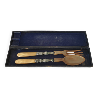 Old horn + silver-plated metal salad servers in their case