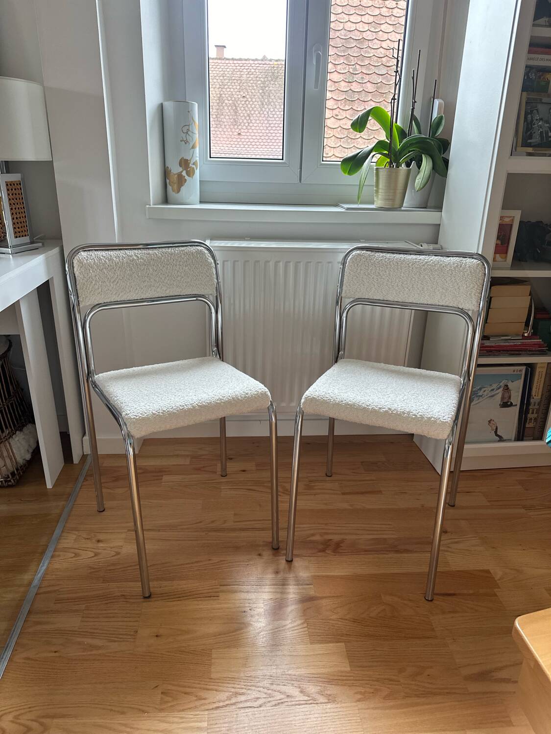 Pair of chrome bouclette chairs